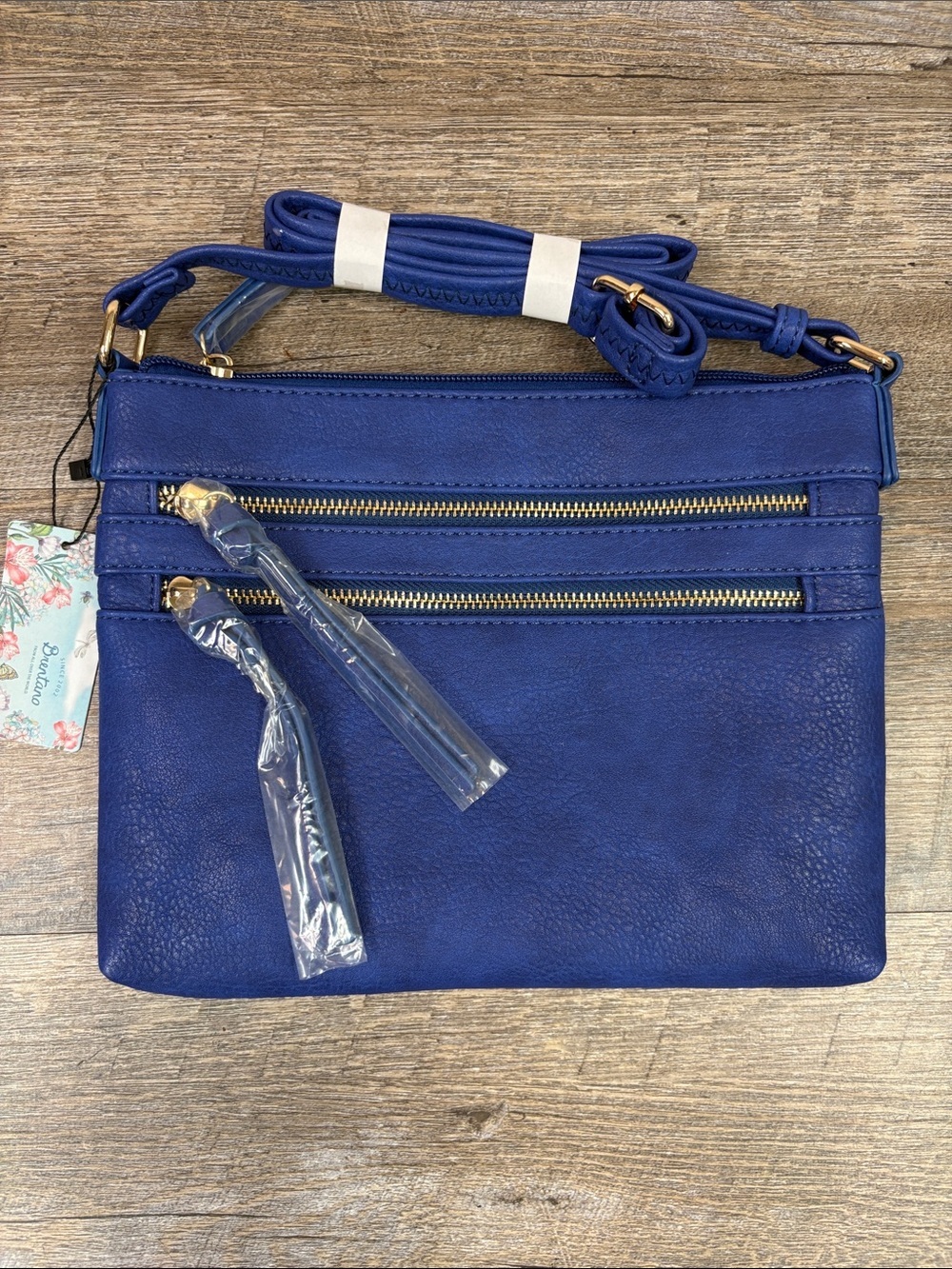 B Brentano Blue Vegan Leather Crossbody Bag Gold Hardware NWT